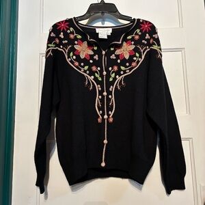 100% Wool Floral Embroidered Black Cardigan Sweater**FLAWS